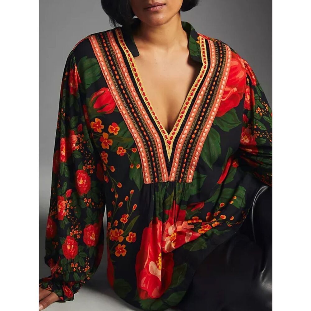 ANTHROPOLOGIE Bl-nk Stephanie Long-Sleeve Top Black Orange Women’s Size Medium